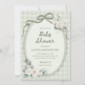 Sage Green Gingham Floral Garden Baby Shower 招待状 (正面)