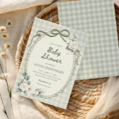 Sage Green Gingham Floral Garden Baby Shower 招待状