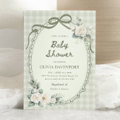 Sage Green Gingham Floral Garden Baby Shower 招待状