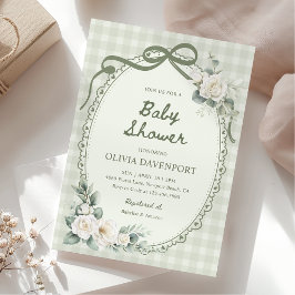 Sage Green Gingham Floral Garden Baby Shower 招待状