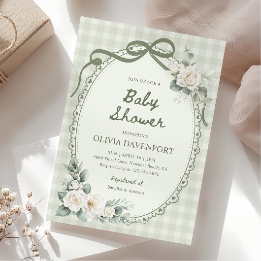 Sage Green Gingham Floral Garden Baby Shower 招待状