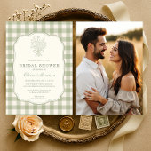 Sage Green Gingham Floral Photo Bridal Shower 招待状