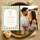 Sage Green Gingham Floral Photo Engagement Party 招待状