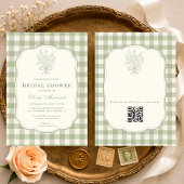 Sage Green Gingham Floral QR Code Bridal Shower 招待状