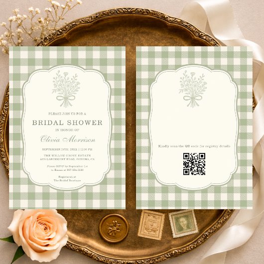 Sage Green Gingham Floral QR Code Bridal Shower 招待状