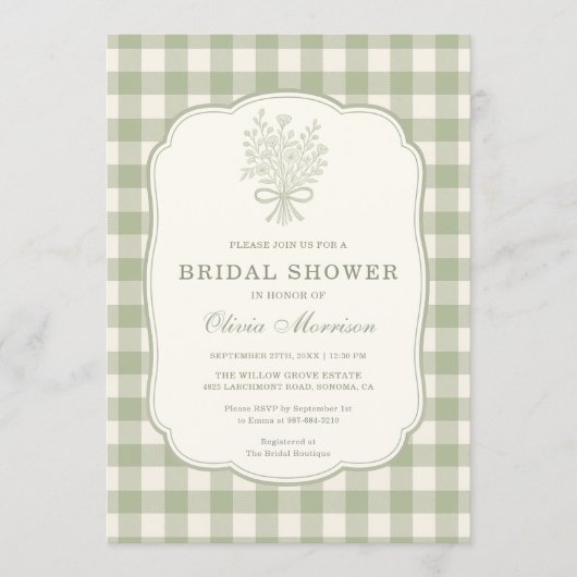 Sage Green Gingham Floral QR Code Bridal Shower 招待状 (正面)