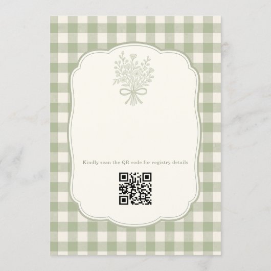 Sage Green Gingham Floral QR Code Bridal Shower 招待状 (裏面)