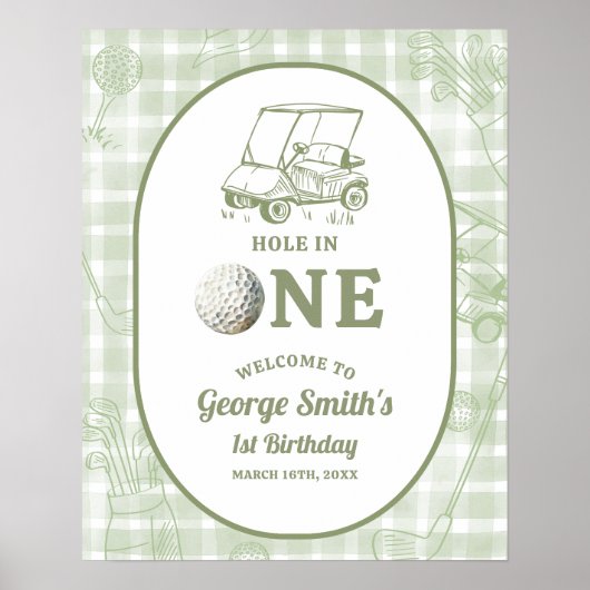 Sage Green Gingham Golf 1st Birthday Welcome Sign ポスター (正面)