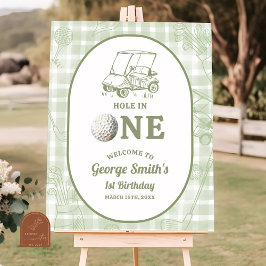 Sage Green Gingham Golf 1st Birthday Welcome Sign ポスター