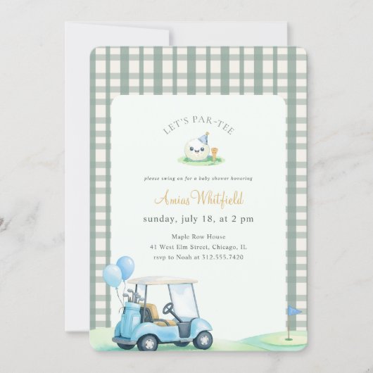 Sage Green Gingham Golf Baby Shower 招待状 (正面)