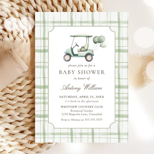 Sage Green Gingham Golf Baby Shower Invitation  招待状