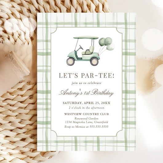 Sage Green Gingham Golf Birthday Invitation 招待状