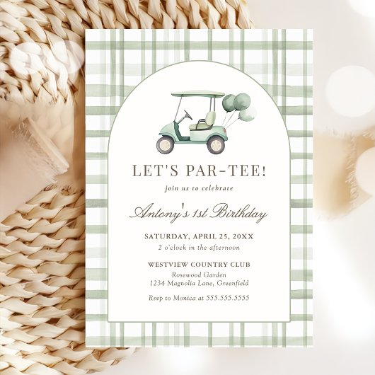 Sage Green Gingham Golf Birthday Invitation 招待状