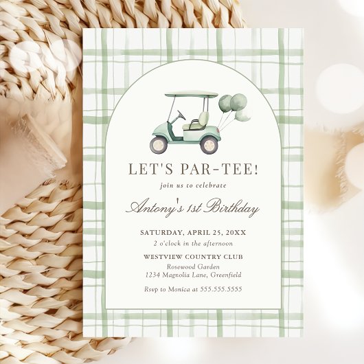 Sage Green Gingham Golf Birthday Invitation 招待状