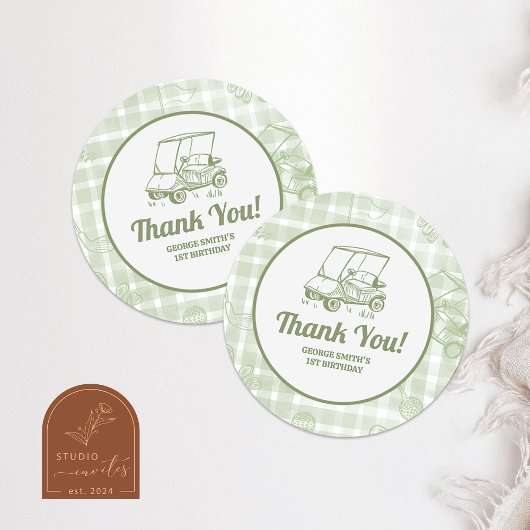 Sage Green Gingham Golf Birthday Thank You Sticker ラウンドシール