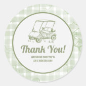 Sage Green Gingham Golf Birthday Thank You Sticker ラウンドシール (正面)