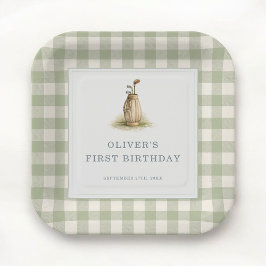 Sage Green Gingham Golf First Birthday Party ペーパープレート