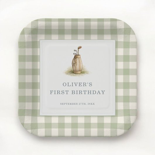 Sage Green Gingham Golf First Birthday Party ペーパープレート