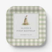 Sage Green Gingham Golf First Birthday Party ペーパープレート (正面)