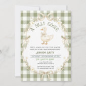 Sage Green Gingham Goose Baby Shower Invitation 招待状 (正面)