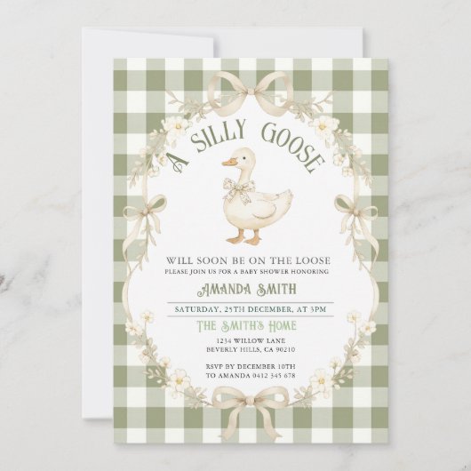 Sage Green Gingham Goose Baby Shower Invitation 招待状 (正面)