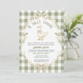 Sage Green Gingham Goose Baby Shower Invitation 招待状 (スタンド正面)