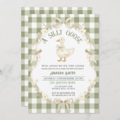 Sage Green Gingham Goose Baby Shower Invitation 招待状 (正面/裏面)