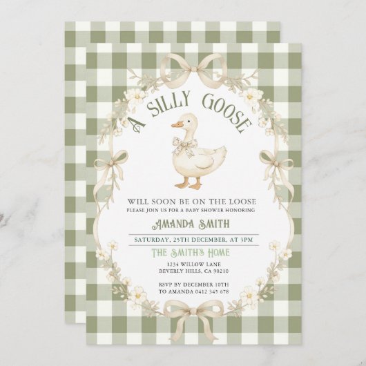 Sage Green Gingham Goose Baby Shower Invitation 招待状 (正面/裏面)