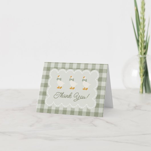 Sage Green Gingham Goose Buffalo Check Baby Shower サンキューカード (正面)