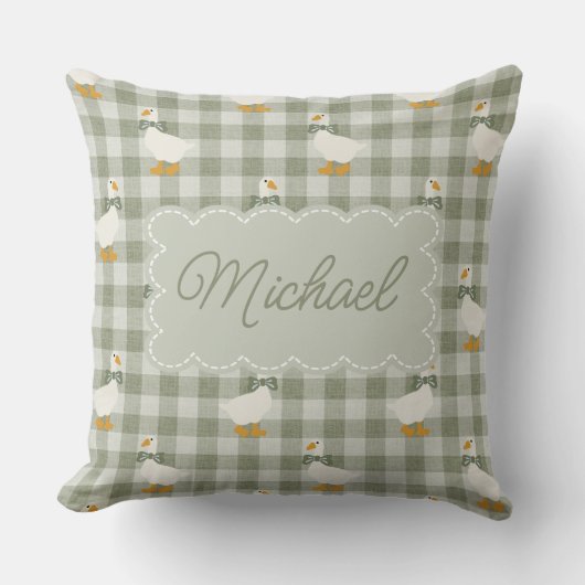 Sage Green Gingham Goose Custom Name Nursery  クッション (正面)