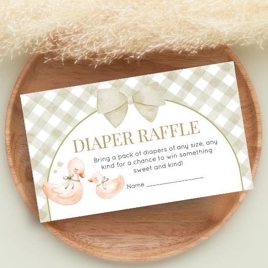 Sage Green Gingham Goose Shower Diaper Raffle エンクロージャーカード