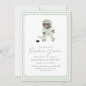 Sage Green Gingham Hockey Rookie Year Teddy Bear  招待状 (正面)