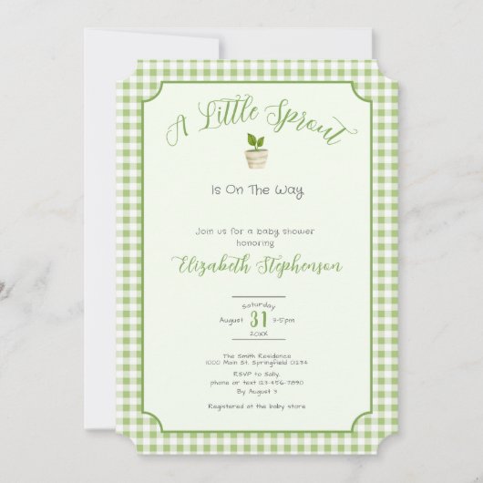Sage Green Gingham Little Sprout Baby Shower 招待状 (正面)