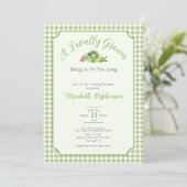 Sage Green Gingham Locally Grown Baby Shower 招待状 (スタンド正面)