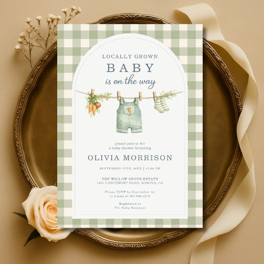Sage Green Gingham Locally Grown Baby Shower 招待状