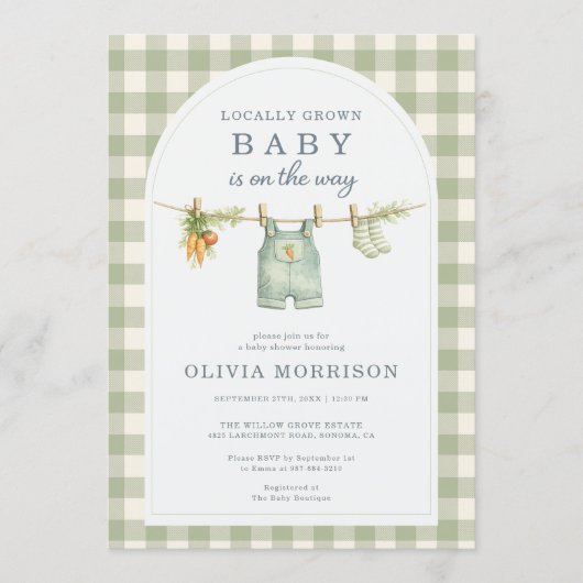 Sage Green Gingham Locally Grown Baby Shower 招待状 (正面)