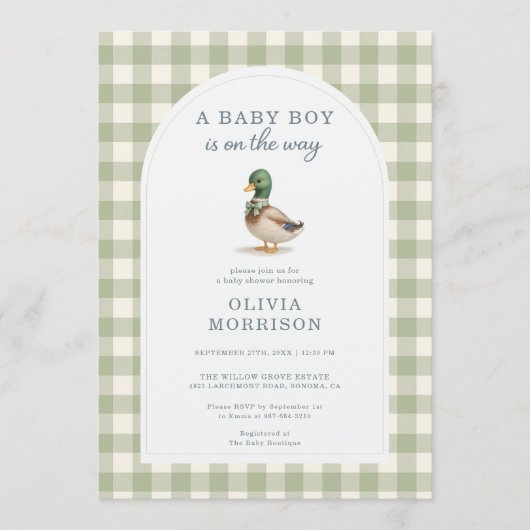 Sage Green Gingham Mallard Duck Bow Baby Shower 招待状 (正面)