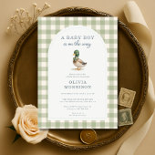Sage Green Gingham Mallard Duck Bow Baby Shower 招待状