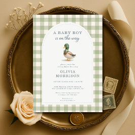 Sage Green Gingham Mallard Duck Bow Baby Shower 招待状