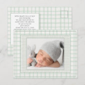 Sage Green Gingham One Photo Gender Neutral Birth 案内ポストカード (正面/裏面)