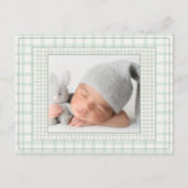 Sage Green Gingham One Photo Gender Neutral Birth 案内ポストカード (正面)