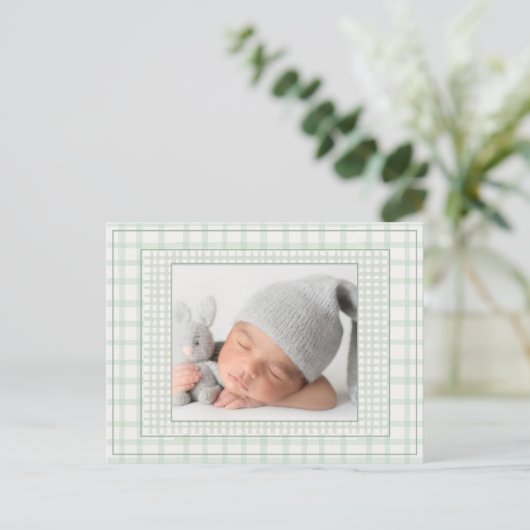 Sage Green Gingham One Photo Gender Neutral Birth 案内ポストカード (スタンド正面)