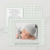 Sage Green Gingham One Photo Gender Neutral Birth 案内ポストカード (正面/裏面)