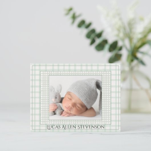 Sage Green Gingham One Photo Gender Neutral Birth 案内ポストカード (スタンド正面)
