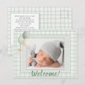 Sage Green Gingham One Photo Gender Neutral Birth 案内ポストカード (正面/裏面)