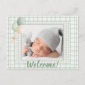 Sage Green Gingham One Photo Gender Neutral Birth 案内ポストカード (正面)