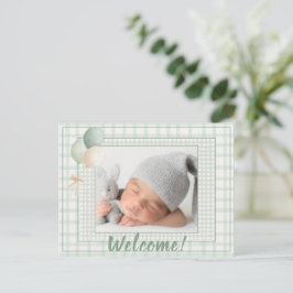 Sage Green Gingham One Photo Gender Neutral Birth 案内ポストカード