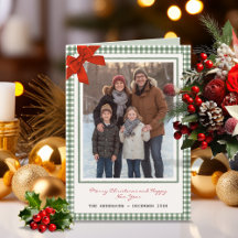 Sage Green Gingham Plaid Photo Christmas