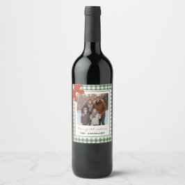 Sage Green Gingham Plaid Photo Christmas ワインラベル