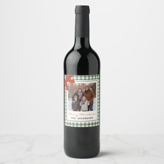 Sage Green Gingham Plaid Photo Christmas ワインラベル (正面)
